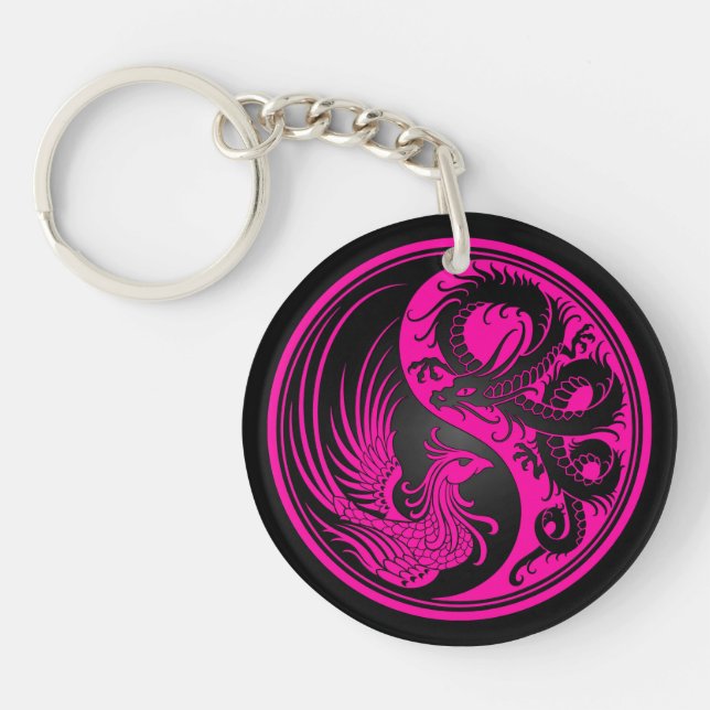 Pink and Black Dragon Phoenix Yin Yang Key Ring (Front)