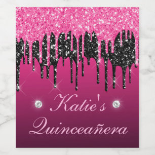 Pink and Black Dripping Glitter Quinceanera Wine Label