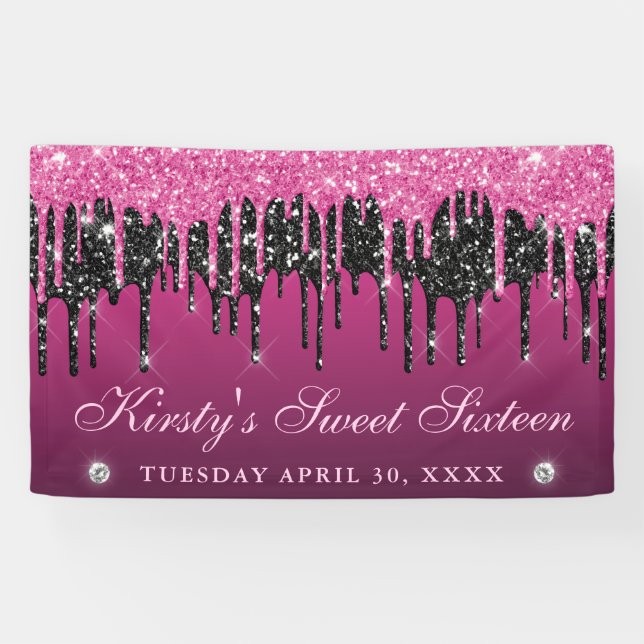 Pink and Black Dripping Glitter Sweet Sixteen Banner (Horizontal)
