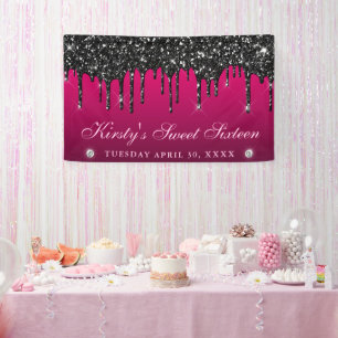 Pink and Black Dripping Glitter Sweet Sixteen Banner