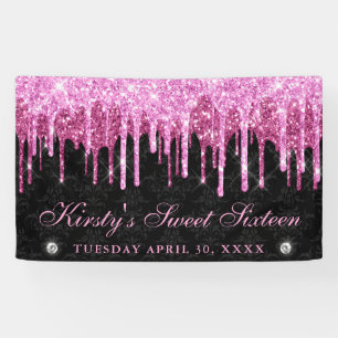 Pink and Black Dripping Glitter Sweet Sixteen Banner