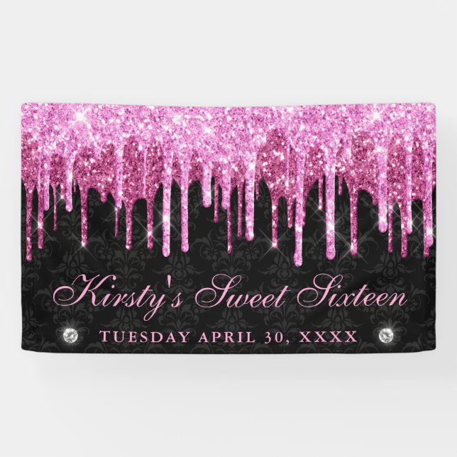 Pink and Black Dripping Glitter Sweet Sixteen Banner (Horizontal)