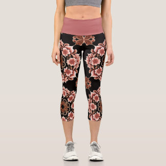 Pink and Black Eastern Design Capri Leggings