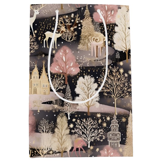 Pink and Black Elegant Snowy Deer Forest Medium Gift Bag (Front)