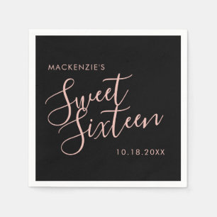 Pink and Black Elegant Sweet 16 Personalised Name Napkin