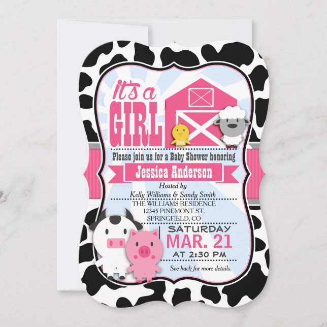Pink and Black Farm Animal Cowgirl Baby Shower Invitation (Front)