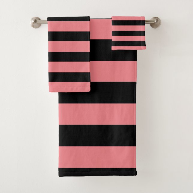 Pink and Black Feminine Striped Girly Bath Towel Set (Insitu)