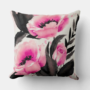 Pink and black floral abstract cushion