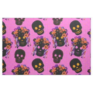 Pink and Black Floral Crowned Skulls Halloween  Fabric