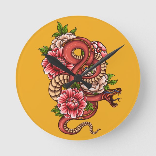 Pink and Black Floral Dragon on  Round Clock (Front)