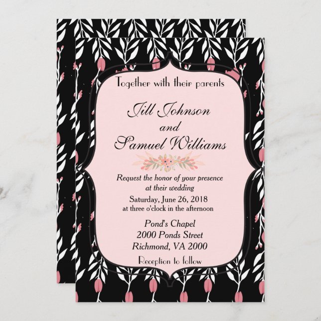 Pink and Black Floral Wedding Invitation (Front/Back)
