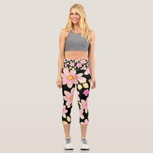 Pink and Black Flower Pattern Capri Leggings