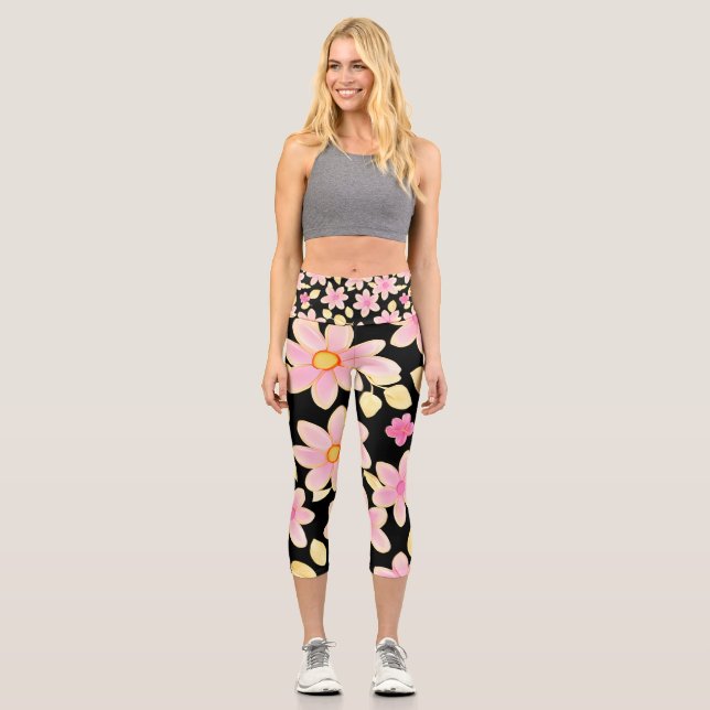 Pink and Black Flower Pattern  Capri Leggings (Front)