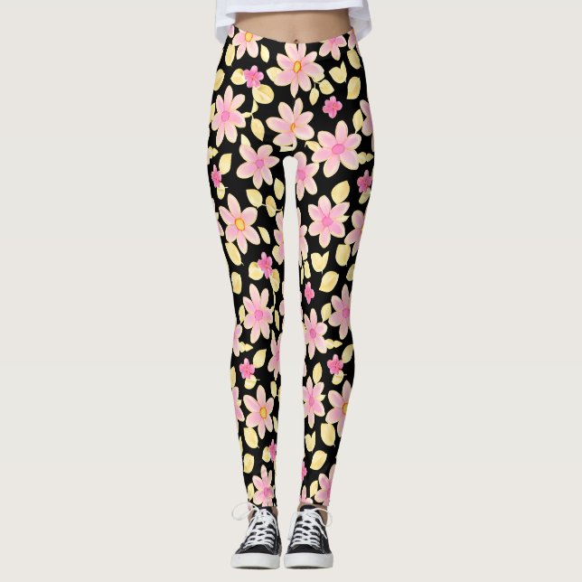 Pink and Black Flower Pattern  Leggings (Front)