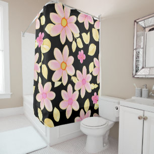 Pink and Black Flower Pattern Shower Curtain