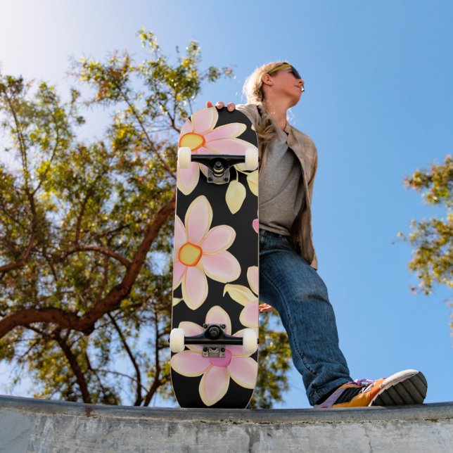 Pink and Black Flower Pattern  Skateboard (Outdoor 1)