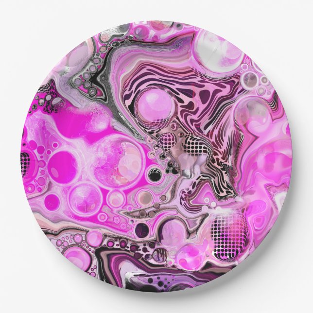 Pink and Black Fluid Art Pour Painting Effect    Paper Plate (Front)