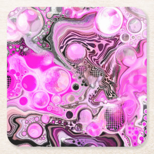 Pink and Black Fluid Art Pour Painting Effect   Square Paper Coaster