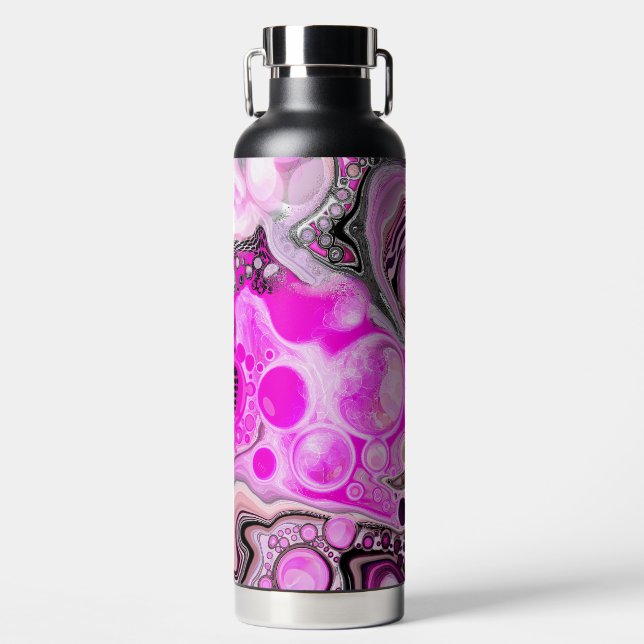 Pink and Black Fluid Art  Water Bottle (Front)