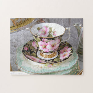 Pink and Black Foral Teacup Jigsaw Puzzle