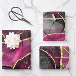 Pink And Black Geodes Glitter Effect Marble Wrapping Paper Sheet