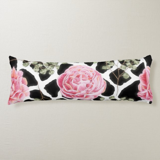 Pink and Black Giraffe Pattern and Flowers Body Cushion (Front)