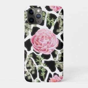 Pink and Black Giraffe Pattern and Flowers iPhone 11 Pro Case