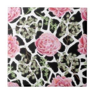 Pink and Black Giraffe Pattern and Flowers Ceramic Tile