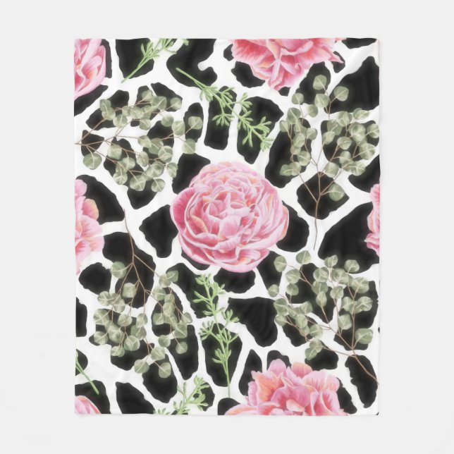Pink and Black Giraffe Pattern and Flowers Fleece Blanket (Front)