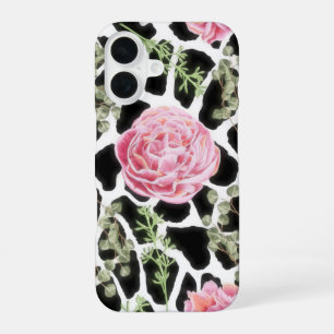 Pink and Black Giraffe Pattern and Flowers iPhone 16 Case