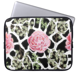 Pink and Black Giraffe Pattern and Flowers Laptop Sleeve