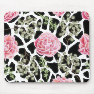Pink and Black Giraffe Pattern and Flowers Mouse Pad