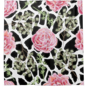 Pink and Black Giraffe Pattern and Flowers Shower Curtain
