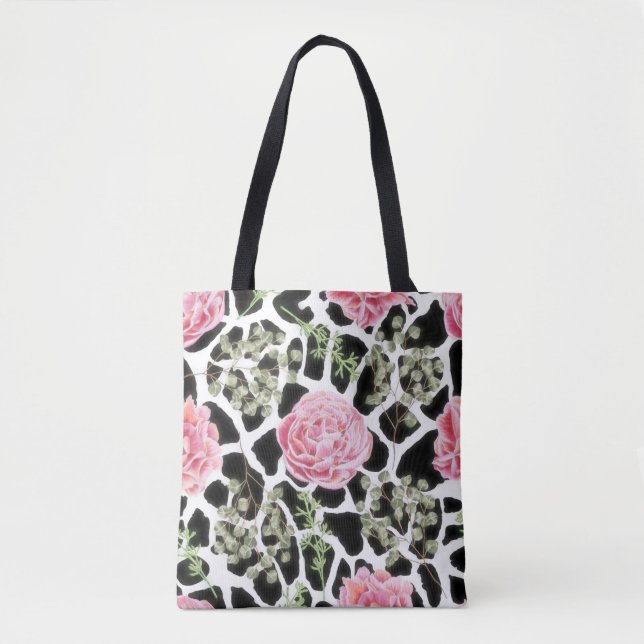 Pink and Black Giraffe Pattern and Flowers Tote Bag (Front)
