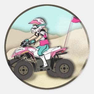 Pink and Black Girl ATV Rider Classic Round Sticker
