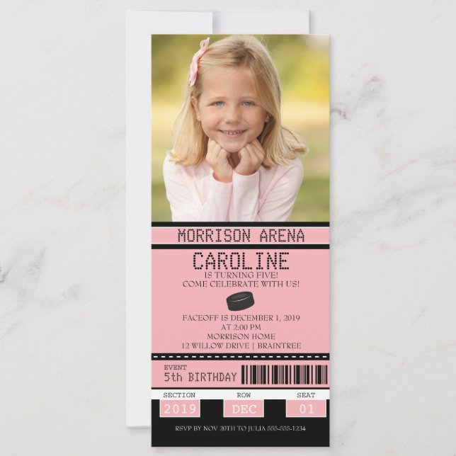 Pink and Black Girl Hockey Ticket Birthday Invitation (Front)