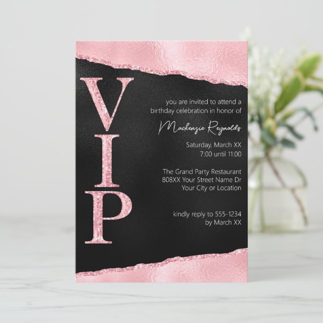 Pink and Black Glamourous Glitter VIP Party Invitation (Standing Front)