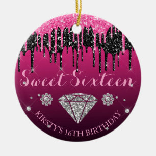 Pink and Black Glitter Drip Diamond Sweet Sixteen Ceramic Ornament