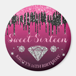 Pink and Black Glitter Drip Diamond Sweet Sixteen Magnet