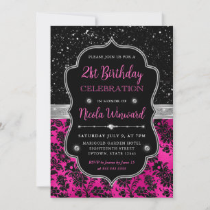 Pink and Black Glitter Floral Damask 21st Birthday Invitation