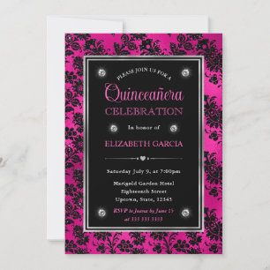 Pink and Black Glitter Floral Damask Quinceanera Invitation