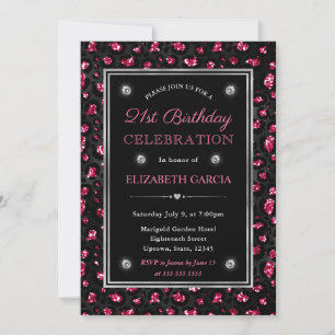Pink and Black Glitter Leopard Spots 21st Birthday Invitation