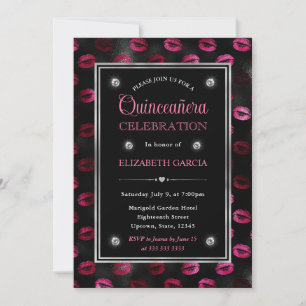 Pink and Black Glitter Lips Pattern Quinceanera Invitation
