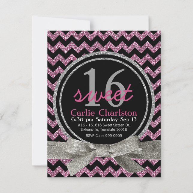 Pink and Black Glitter Look Chevron Sweet 16 Party Invitation (Front)