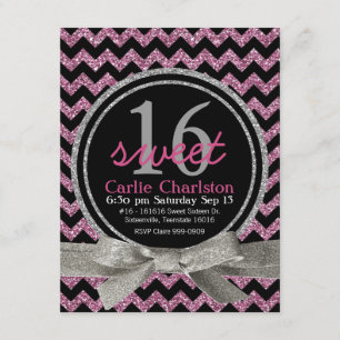Pink and Black Glitter Look Chevron Sweet 16 Party Invitation