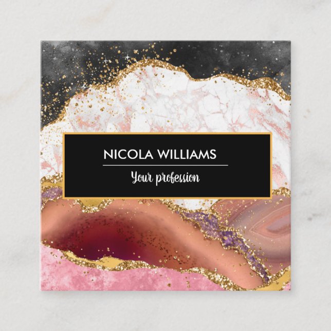 Pink and Black Glitter Marble Agate Square Business Card (Front)