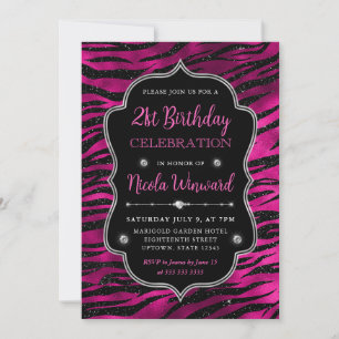 Pink and Black Glitter Tiger Stripes 21st Birthday Invitation