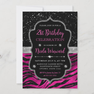 Pink and Black Glitter Tiger Stripes 21st Birthday Invitation
