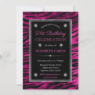 Pink and Black Glitter Tiger Stripes 21st Birthday Invitation