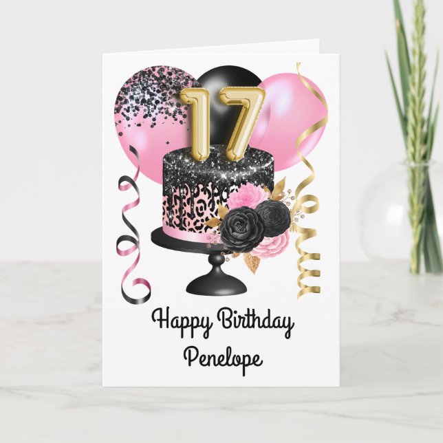 Pink and Black Gold 17th Birthday Card (Front)